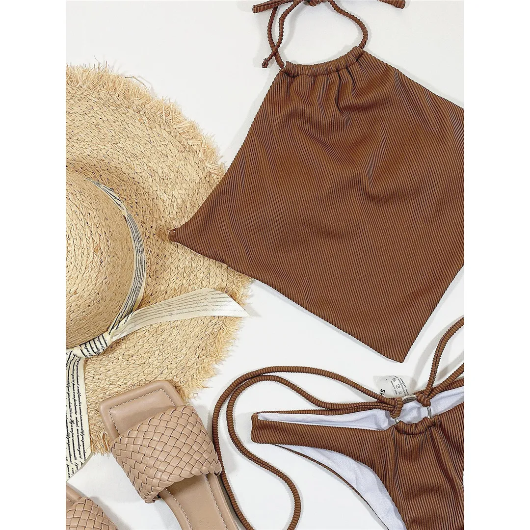 Sexy High-Neck-Halter-Bikini mit geripptem Muster, Damen-Badeanzug, zweiteiliges Bikini-Set, Badeanzug mit Trägern, Badebekleidung, Modell V3141. – Detail 9
