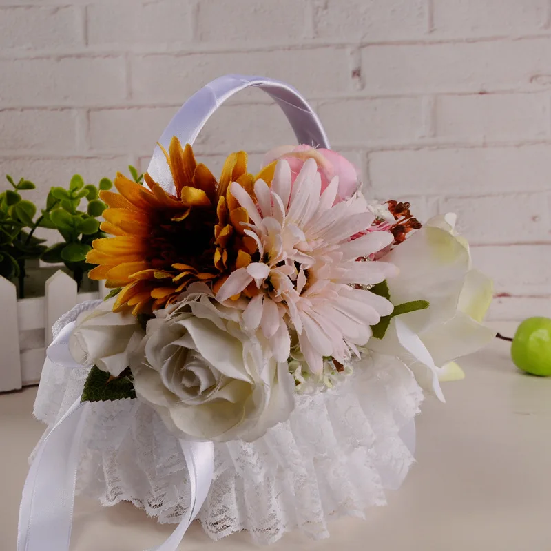 Cesta de flores de mano para niña, cesta de frutas, flores de encaje de boda, cesta de almacenamiento portátil, decoraciones para eventos y fiestas