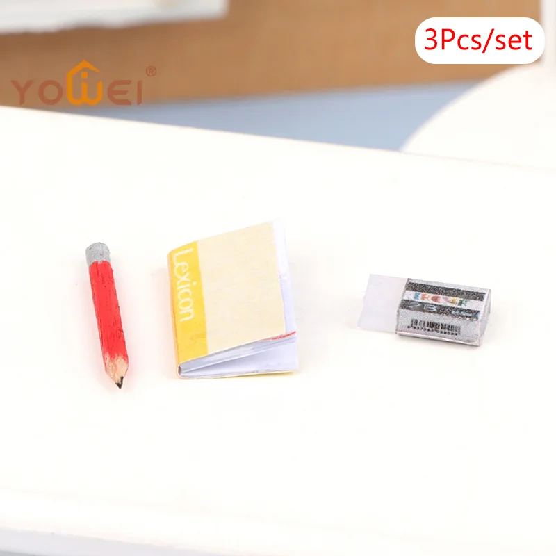 Conjunto de Miniaturas para Casa de Bonecas 1:12: Caderno, Lápis e Borracha, Brinquedo de Faz de Conta Infantil e Decoração para Casa de Bonecas