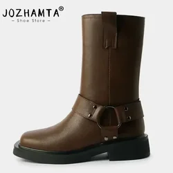 JOZHAMTA Size 34-43 2025 Women Genuine Leather Short Western Boots Belt Buckle Retro Casual Working Shoes Woman Autumn Winter