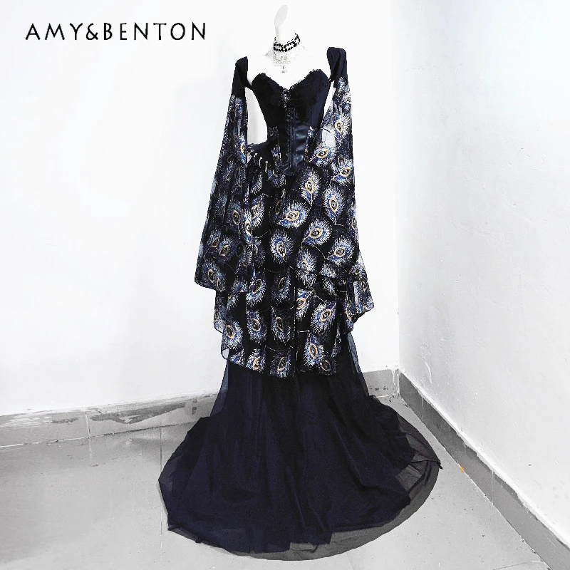 

Original Design Black Sparkling Feather Embroidery Women's Clothing Gothic Dark Waistband Sexy Off-Shoulder Long Dress Ladies