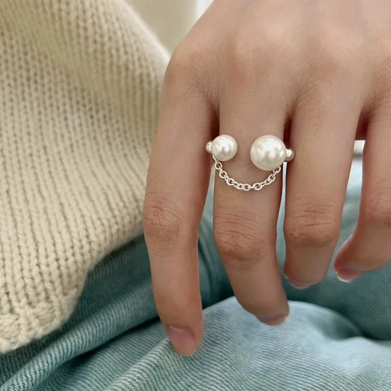 PANJBJ 925 Sterling Silver Pearl Geometry Ring For Women Chain Open Fashion Sweet Tassel Jewelry Party Gift Dropshipping