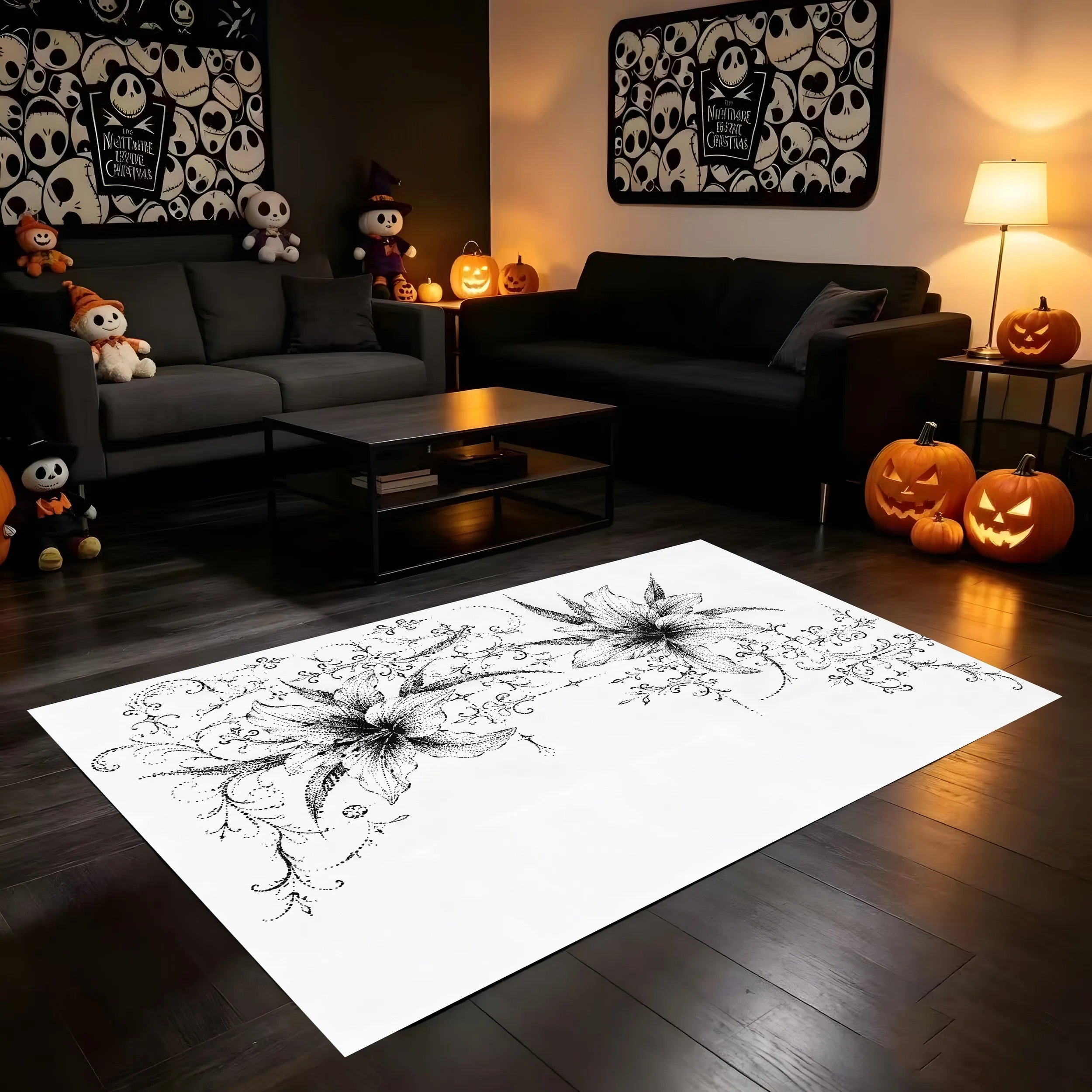 Velvet Rug Hand Drawn Black White Lily Intertwined Branch Dark Style for Entryway Living Room Bedroom Decor