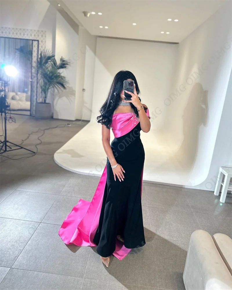 OIMG Pink/Black Beads Prom Dresses Saudi Arabic Women Pleats Strapless Evening Gowns Formal Party Dress Celebrity Customized