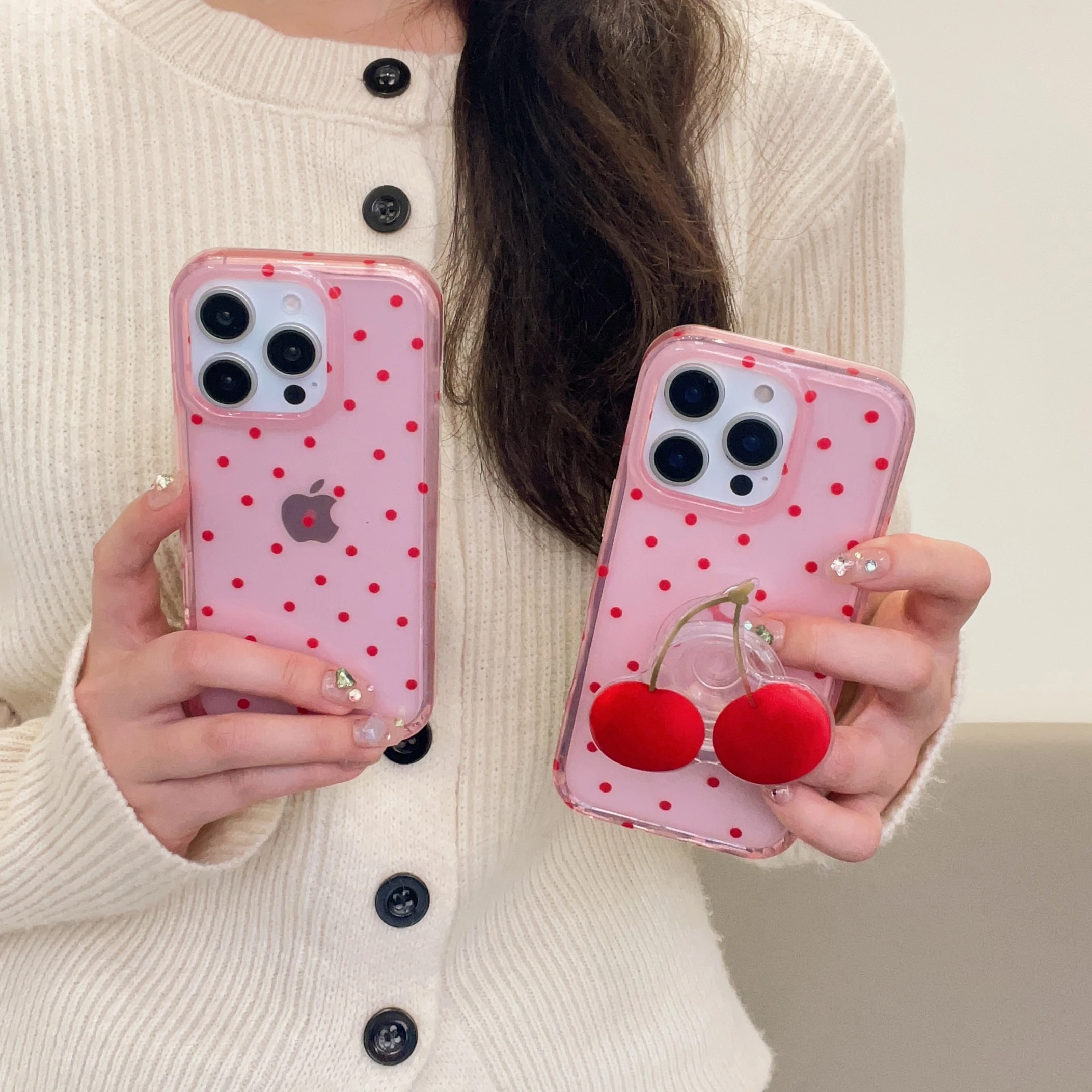 

Girl's Pink Phone Case with Cherry Holder for IPhone16 16pro 16promax 15 15pro 15promax 14 14pro 14promax 13 13pro 13promax
