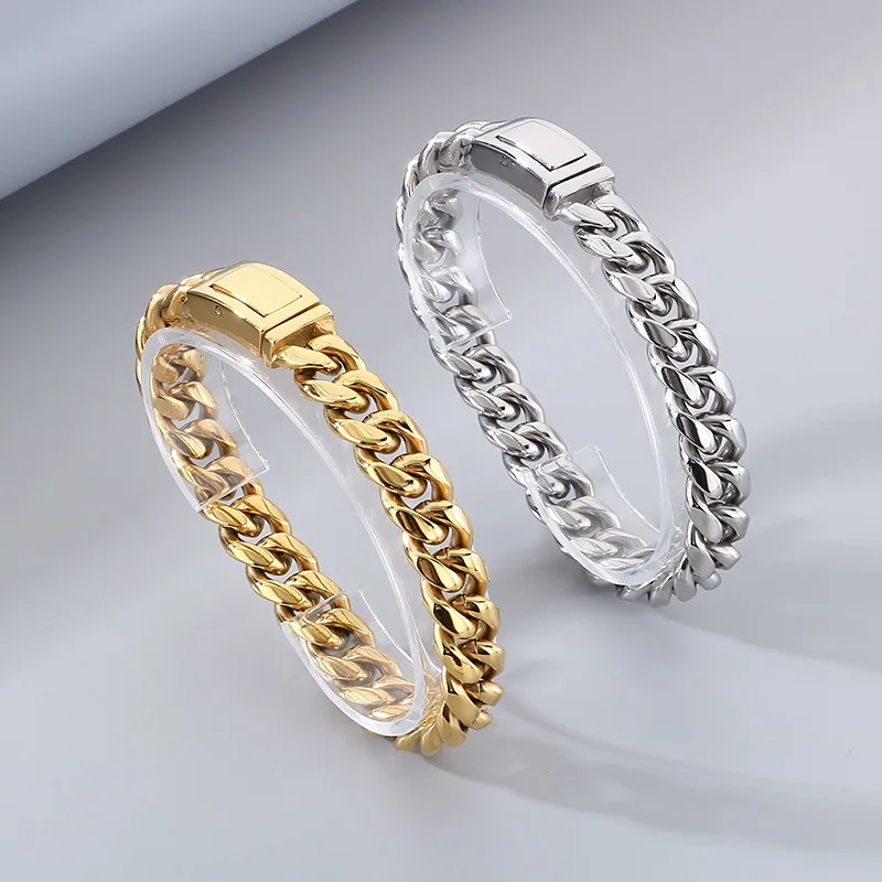 12mm Punk Gold Silver Color Curb Cuban Chain Bracelet Necklace Men Women Hiphop Retro Stainless Steel Biker Bike Bangle Jewelry