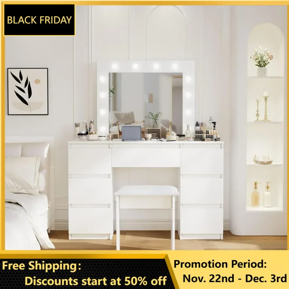 Large White Vanity Tables, 3 Color Adjustable Lighting, Storage Drawer, Sdurable Structure, Contemporary Bedroom Vanity Dressers