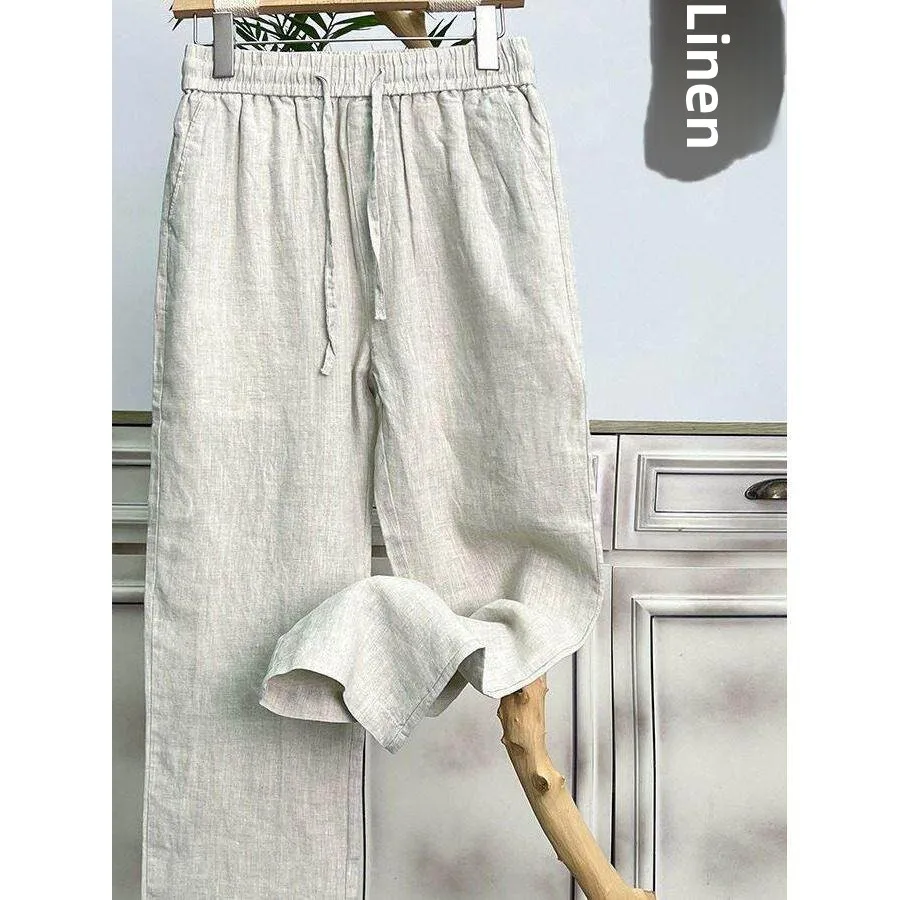 

Retro Chinese Style Loose Fit Cotton Linen Straight Leg Casual Pants Men's Drawstring Slimming Long Trousers Summer Wear