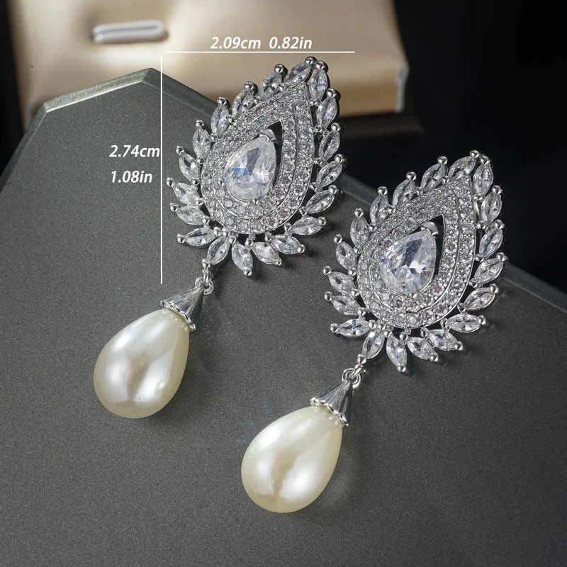 Luxury Temperament Women\'s Imitation Pearl Earrings Full Paved Bling White CZ Stone New Fashion Wedding Jewelry Birthday Gifts