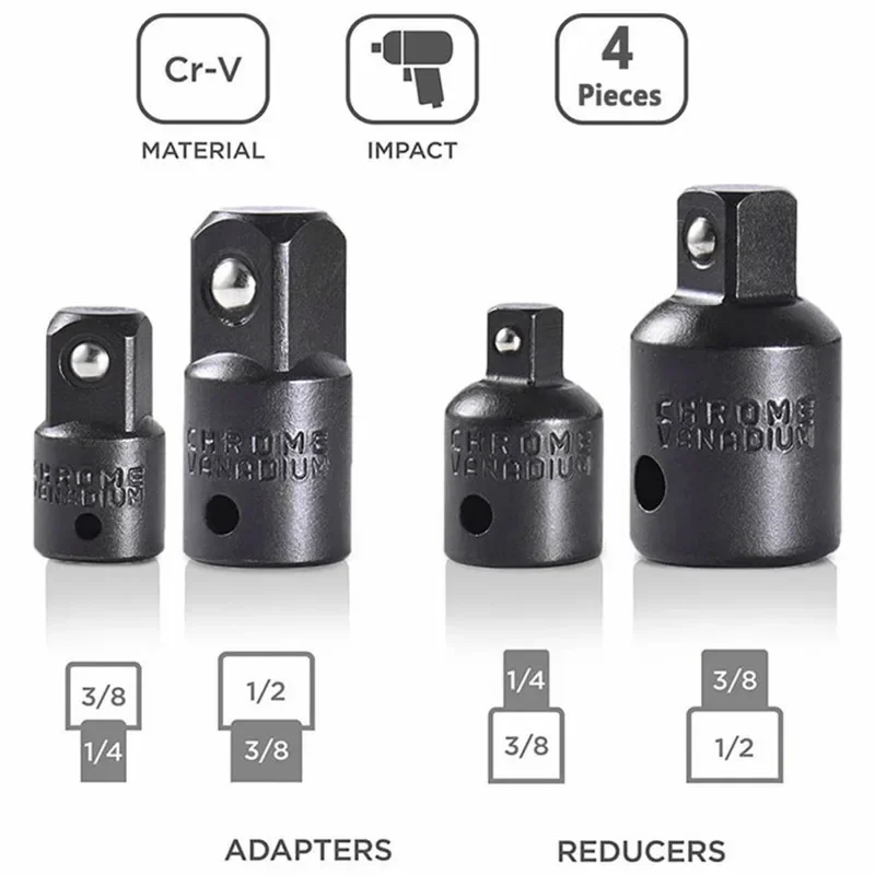 4PCS Impact Socket Adapter Reducer Set 1/2 3/8 1/4 inch Use Wrenches Drills in Auto and Impact Driver Construction Work