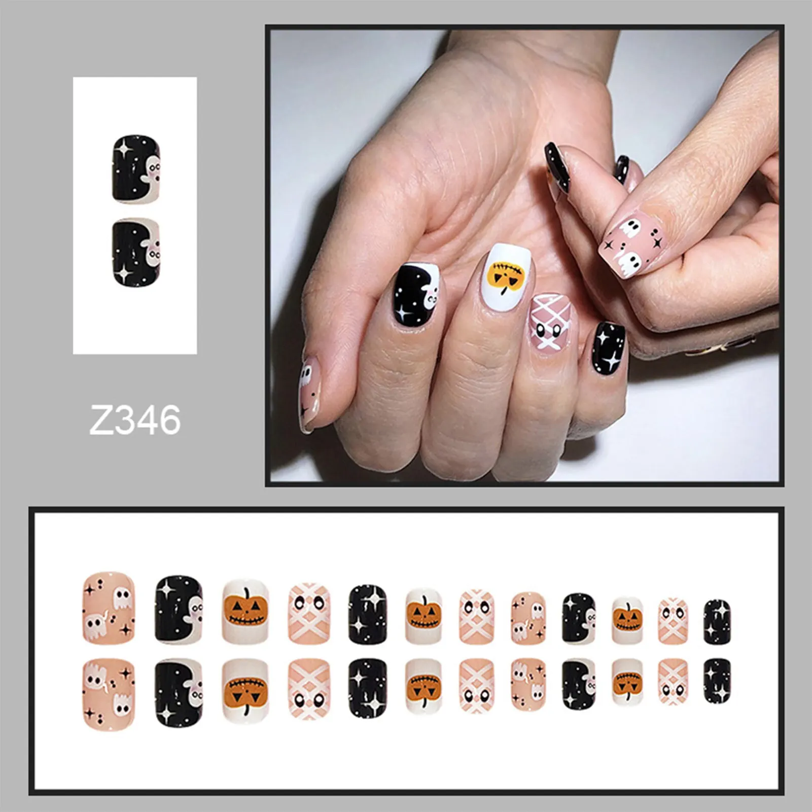 Faux ongles pour filles, impression de fantôme d'étoile d'Halloween, art de manucure Élpour débutants, décoration des ongles, pratique, 24 pièces