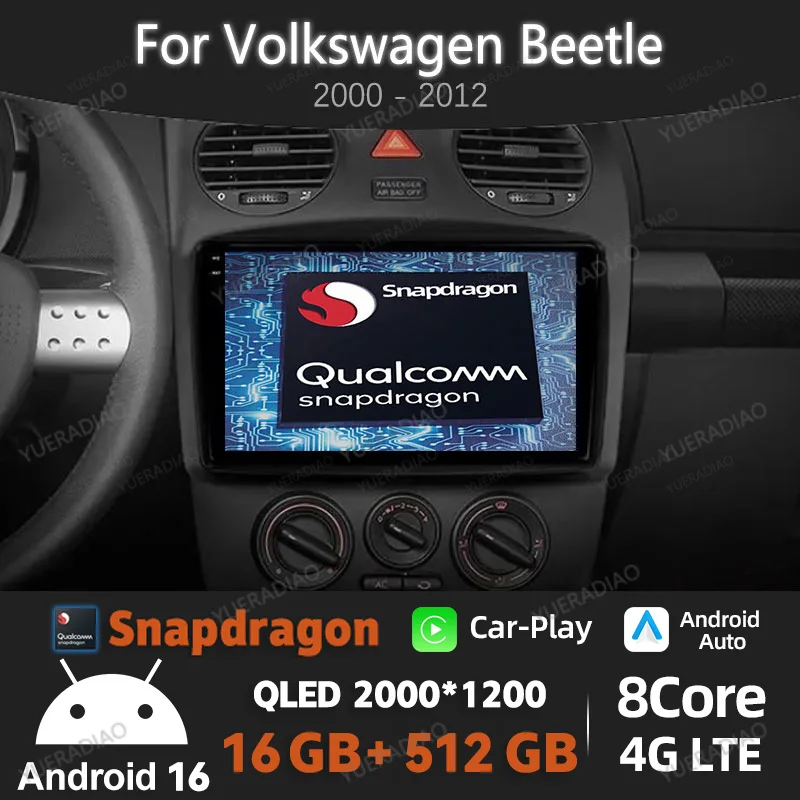 Android 16 Car Radio For VW Volkswagen Beetle 2000 - 2012 Qualcomm Multimedia Video Player Head Unit BT QLED 4G LTE 5G WIFI 2DIN