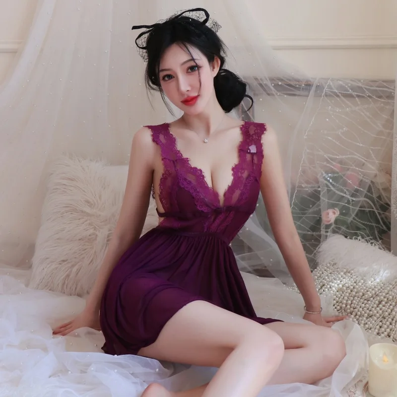 

Sexy Purple Nightdress - Deep V Sheer Mesh Lingerie With Lace Trim & High Slit Seductive Sleepwear