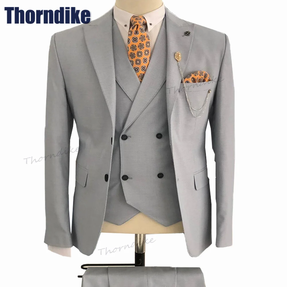 

Thorndike High Quality Fashion Peak Lapel Grey Men Suits Costume Homme Wedding Groom Tuxedo Slim Fit 3 Pieces Terno Masculino