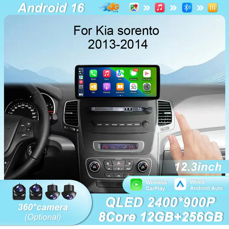 Wireless CarPlay Android 16 12.3 Inch Car Stereo For Kia Sorento 2013-2014 GPS Bluetooth WiFi DSP IPS HD Touch Screen Multimedia