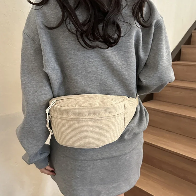 New Corduroy Women Waist Bag Canvas Student Shoulder Crossbody Chest Bag Pack Phone Banana Female Bum Sports Belt Bags 2024