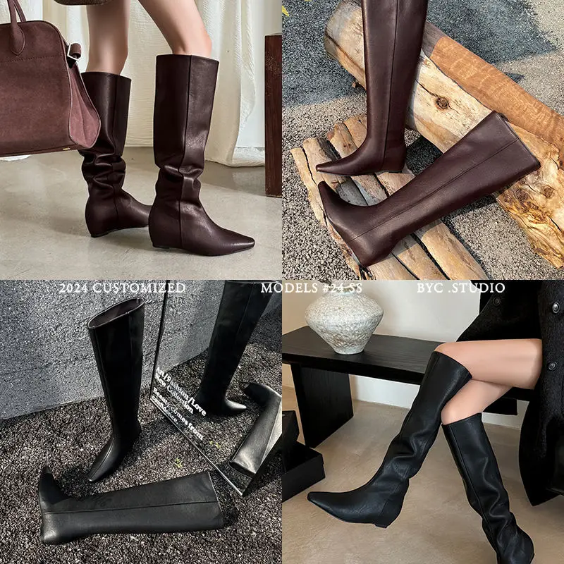 2026 new autumn winter women knee-high boots 22-25cm split leather+satin+pigskin square toe high heel women Elastic boots