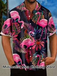 2023 Leaf and Flamingo Print Shirt For Men Hawaiian Casual Beach Short Sleeve Fashion Tops Male Blouse Summer Clothing