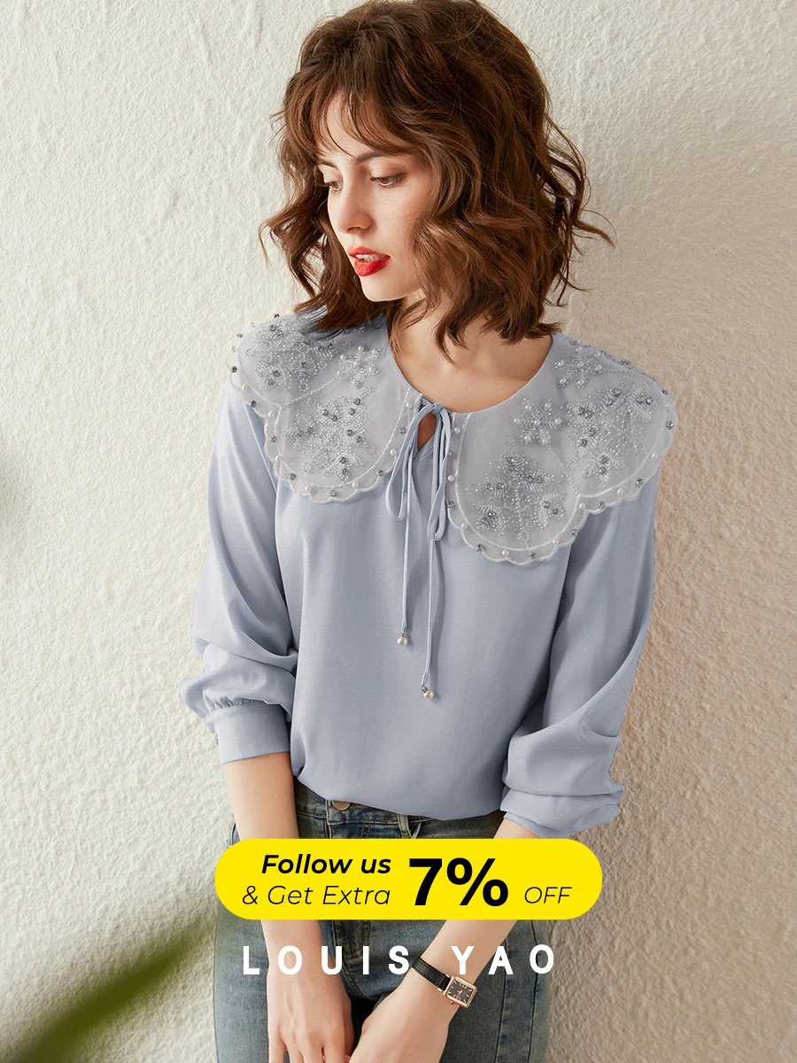 

LOUIS YAO Women Shirt 2024 Spring New Elegant Doll Collar Long Sleeve Bead Pullover Loose Fit Casual Blouses Women's Top