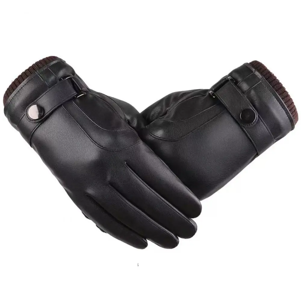 Windproof Men's PU Leather Gloves Touch Screen Thick Velvet Male Cycling Gloves Soft Keep Warm Motorcycle Full Finger Mittens