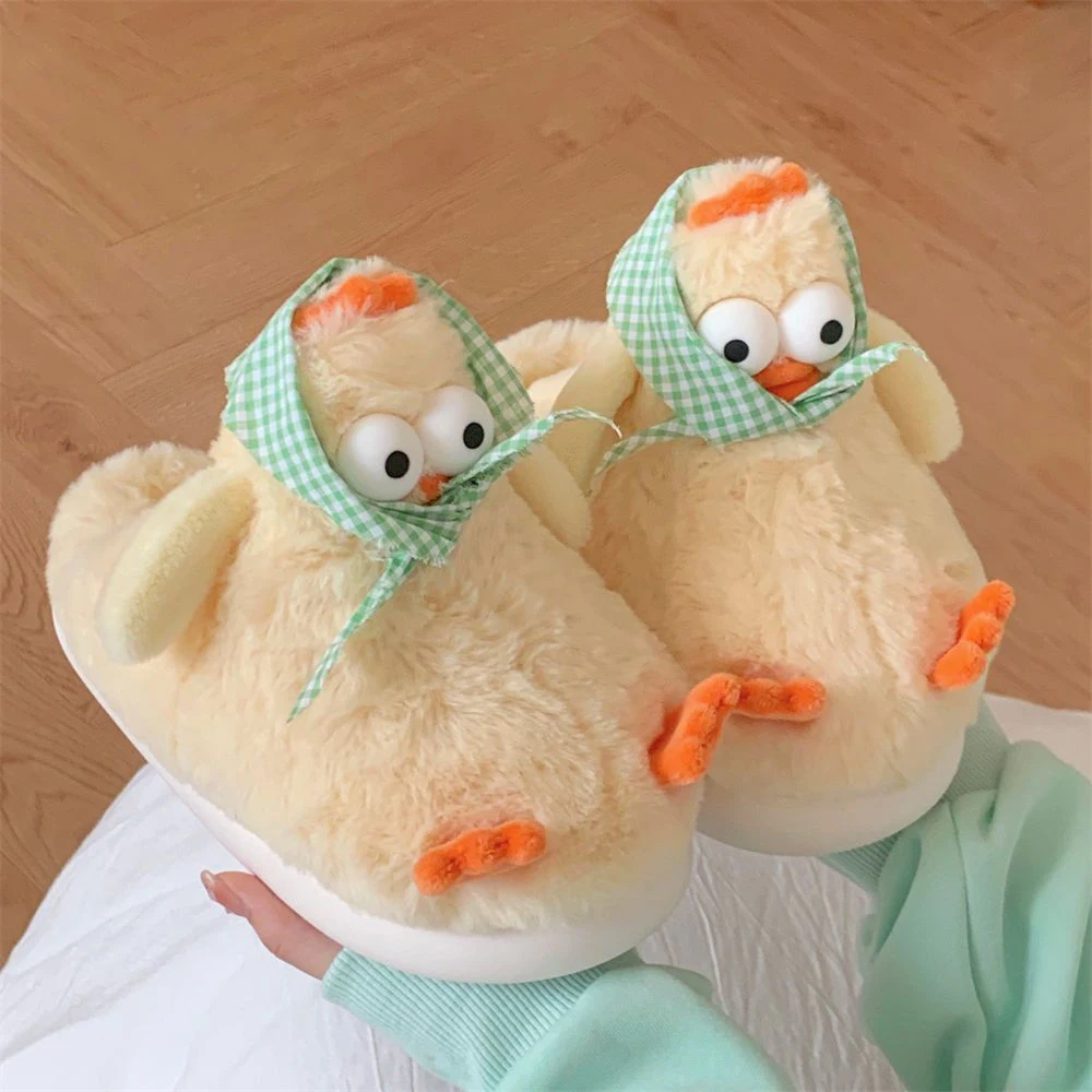 Nowe designerskie pantofle z kurczakiem damskie puszyste kawaii zwierzęce slajdy dziewczęce kapcie w akademiku damskie grube podeszwy zimowe buty futrzane