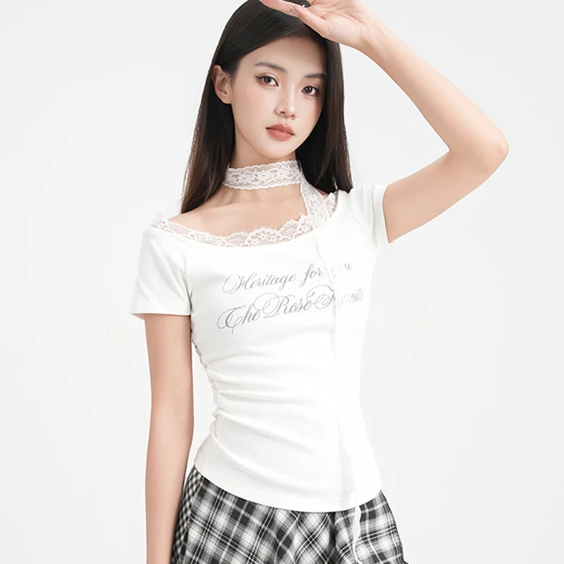 

Fashion Lace Ribbon Off Shoulder T Shirt Women Korean Letter Printing Short Sleeve Slim Fit Tee Woman Chic Y2K Tshirt Female
