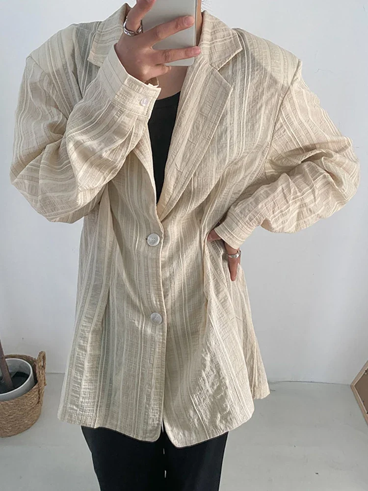 Women Black Striped Big Size Thin Blazer Blouse New Lapel Long Sleeve Loose Fit Shirt Fashion Spring Autumn 2024 1DH0034