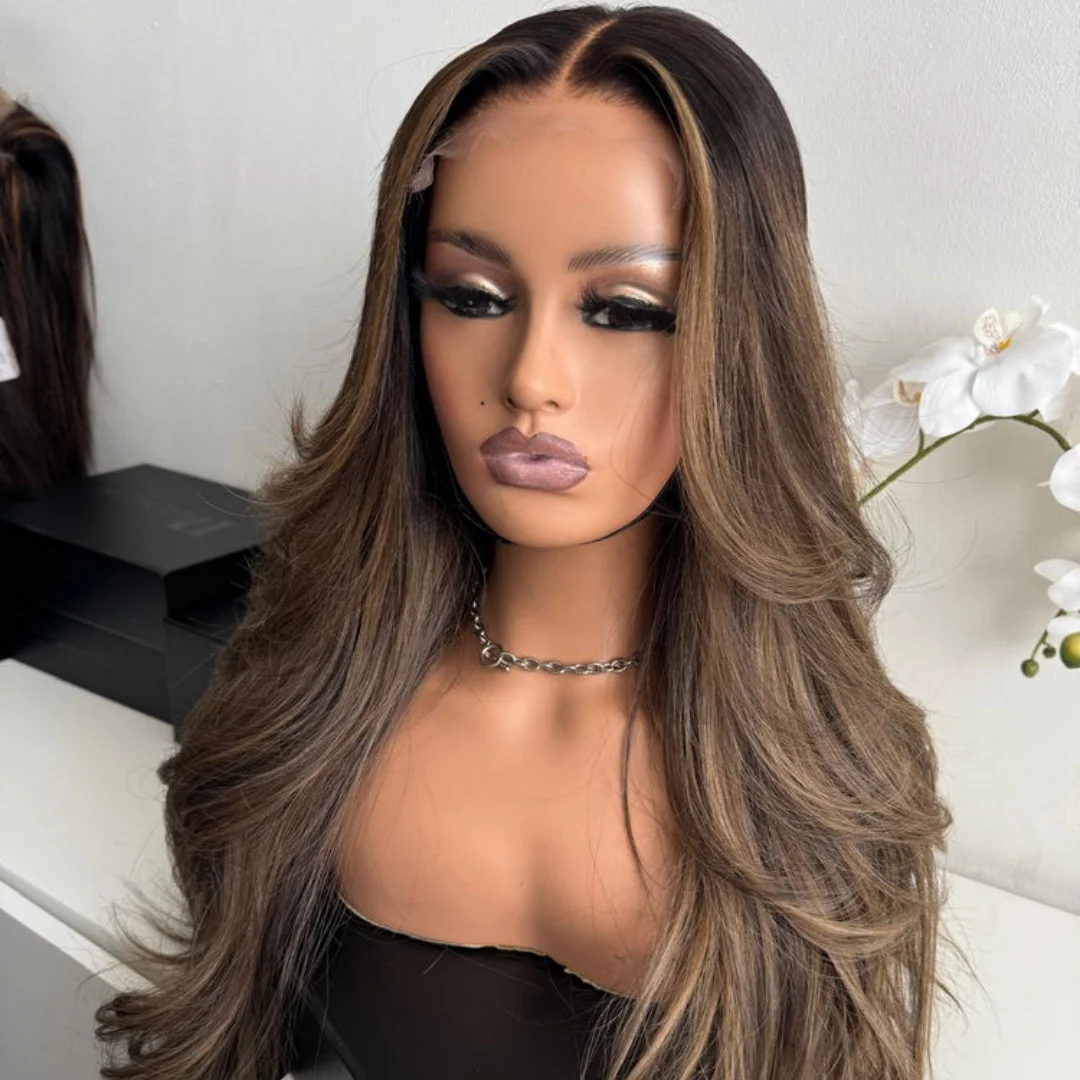 

Dark Chestnut Brown Highlights Glueless Wig Layer Natural Wave Synthetic Futura Lace Front Wig High Quality High Heat Fibre 26"
