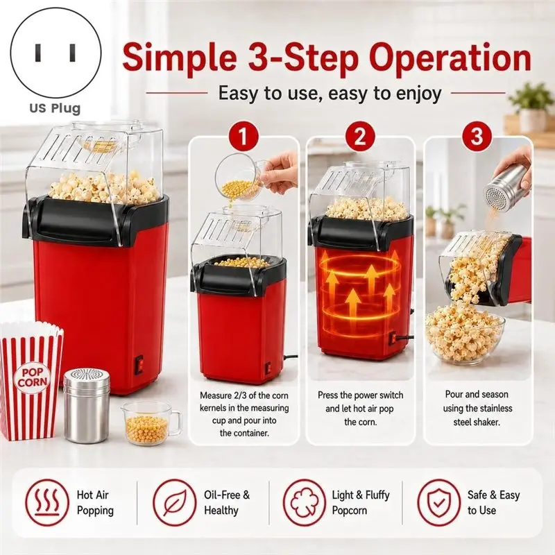 A50Q-Hot Air Popcorn Maker With 5 Popcorn Boxes & Seasoning Shaker 3.5QT Electric Popcorn Popper For Movie Nights US US Plug
