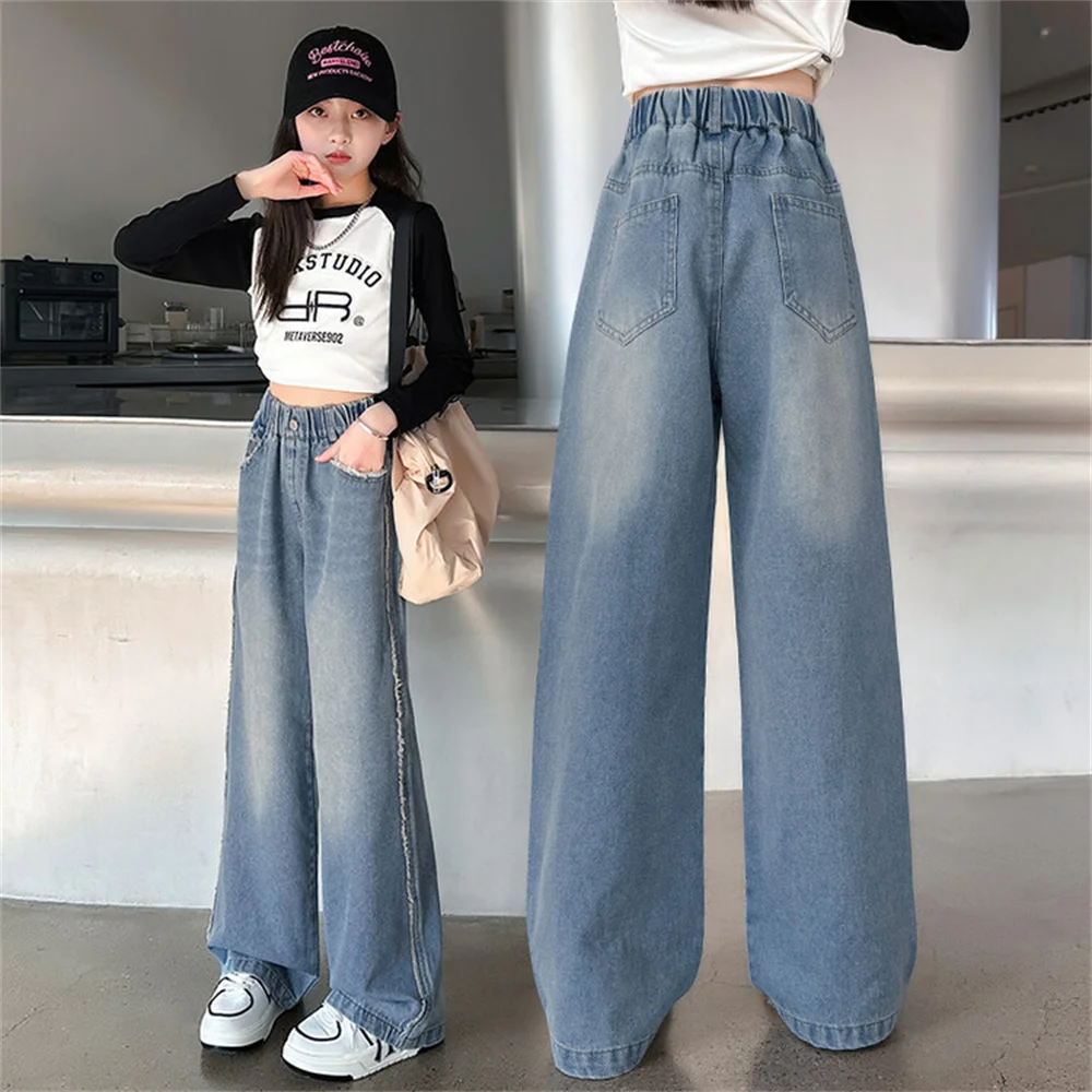 24605 Fashionable Summer Slim Wide Leg Pants Students Girls Jeans Children\'s Kid Jeans Denim Straight Leg Pants