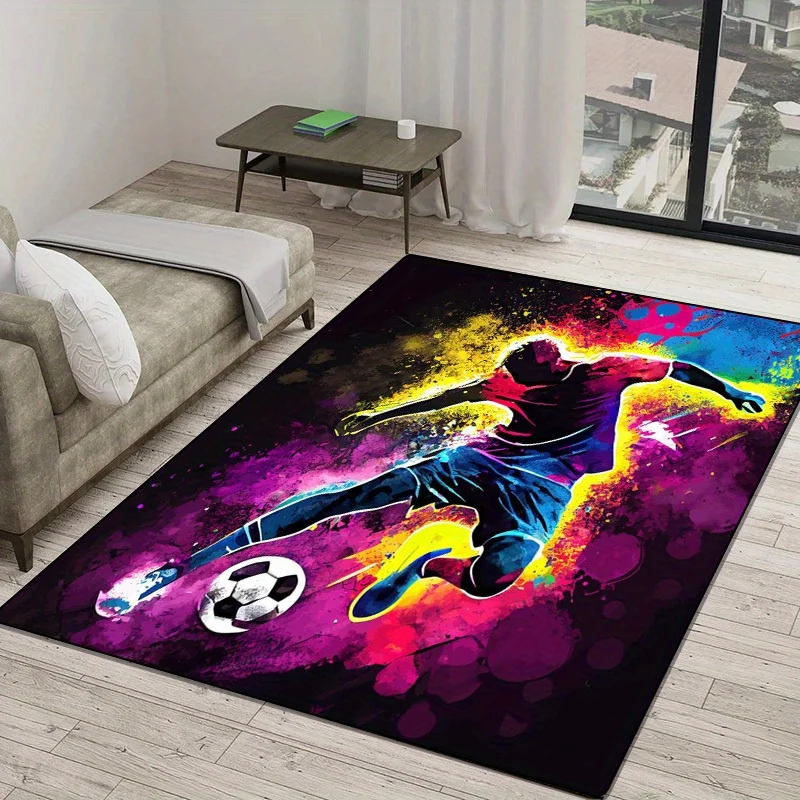 Colorful Football Player Action Print Flannel Rug Durable Soft Carpet For Living Room Bedroom Kids Room Sport Decor Artistic