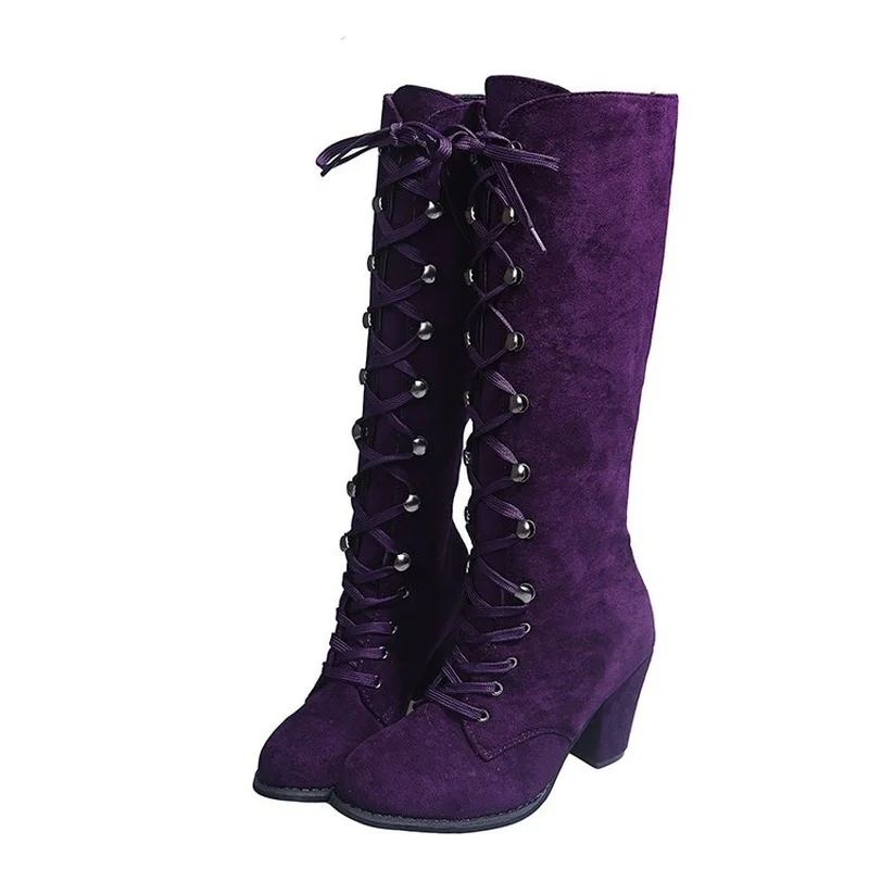 Winter Autumn Woman Knee High Boots Woman Long Boots Lace Up Fashion Woman Boots Footwear 35-43 Purple Square Heel Women Shoes