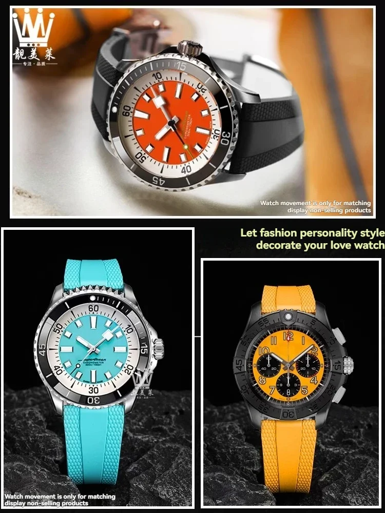 For Breitling Watch Avengers Soft Rubber Strap B01 A17376211 New Super Ocean Watch Band Folding Buckle Wristband 22x18mm
