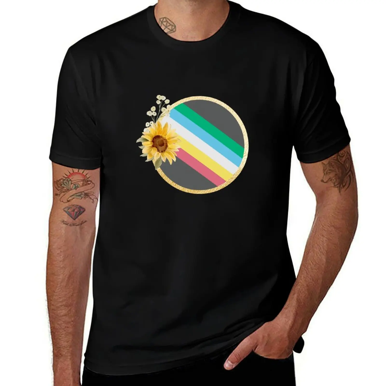 Disability flag with sunflower T-Shirt All Match Basic Short Sleeve Top T-Shirt