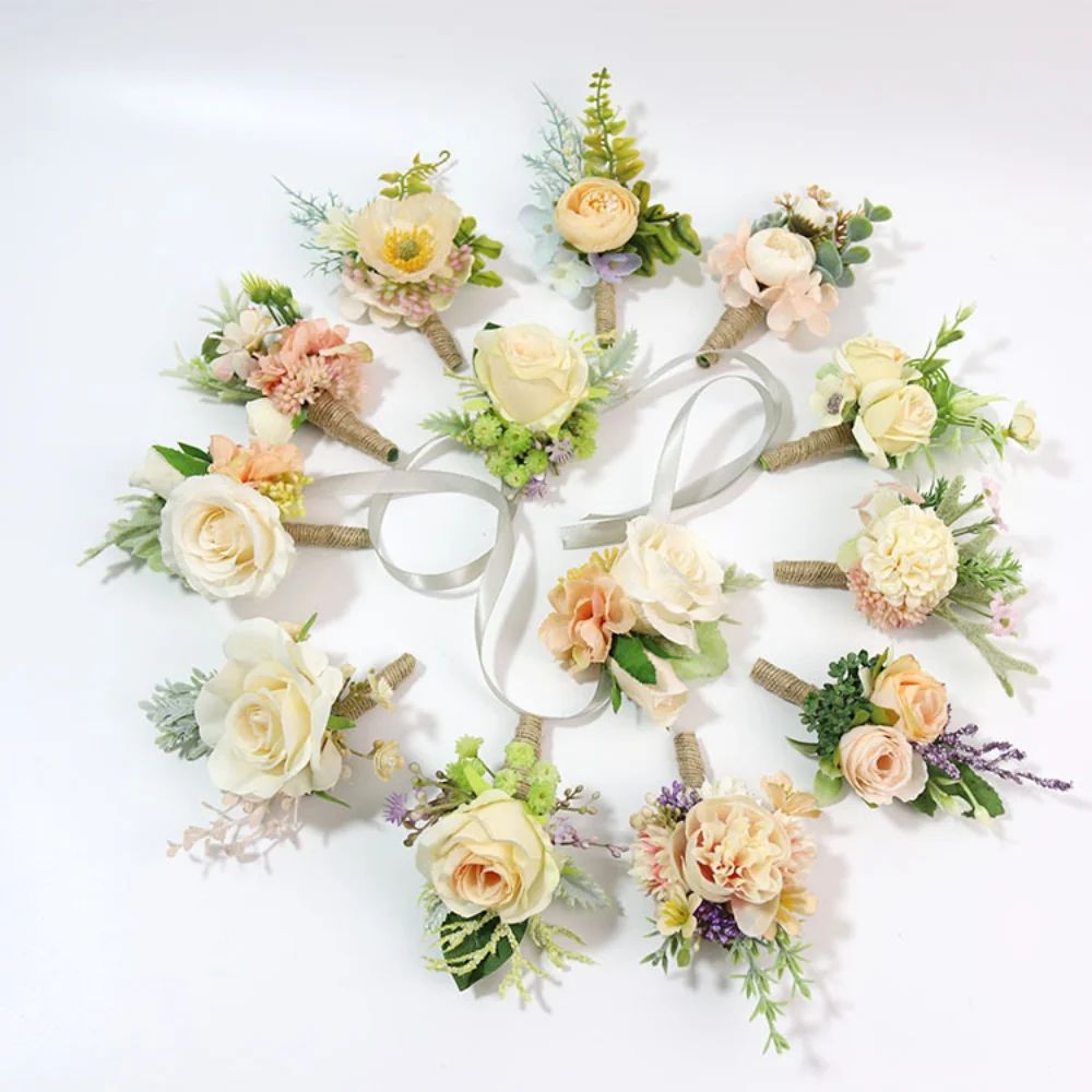 Handmade Fake Flowers Wedding Boutonnieres for Men Suits Pins Champagne Silk Rose Wedding Corsage Braceletboutonniere mariage