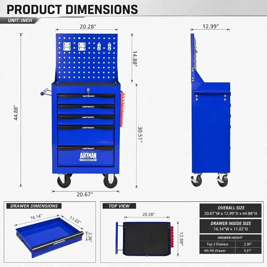 5-Drawer Rolling Tool Chest with Pegboard, Lockable for Garage