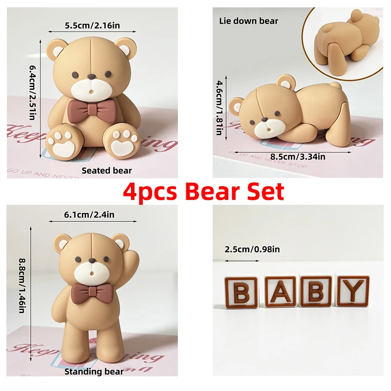 New Bear Cake Topper for Boy Girl Baby Shower Bear Theme Decorations Blue Brown Pink Mini Bear Happy 1st Birthday Party Supplies