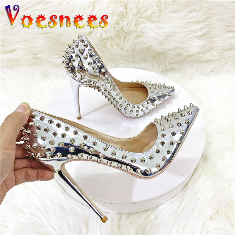 Women New Rivet High Heels 12CM Fashion Pointed Toe Party Single Shoes Europe And America Club Stage Pumps Silver Plus Size 43