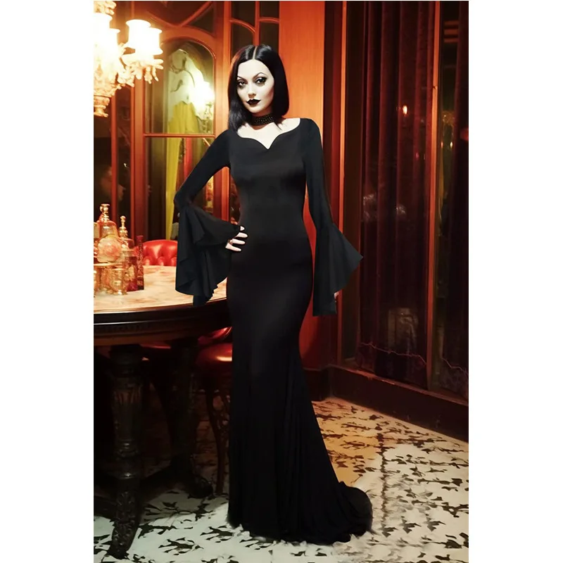 Vestido largo negro Vintage de Halloween, disfraces de Cosplay de bruja, vestido gótico de la familia Adams para mujer