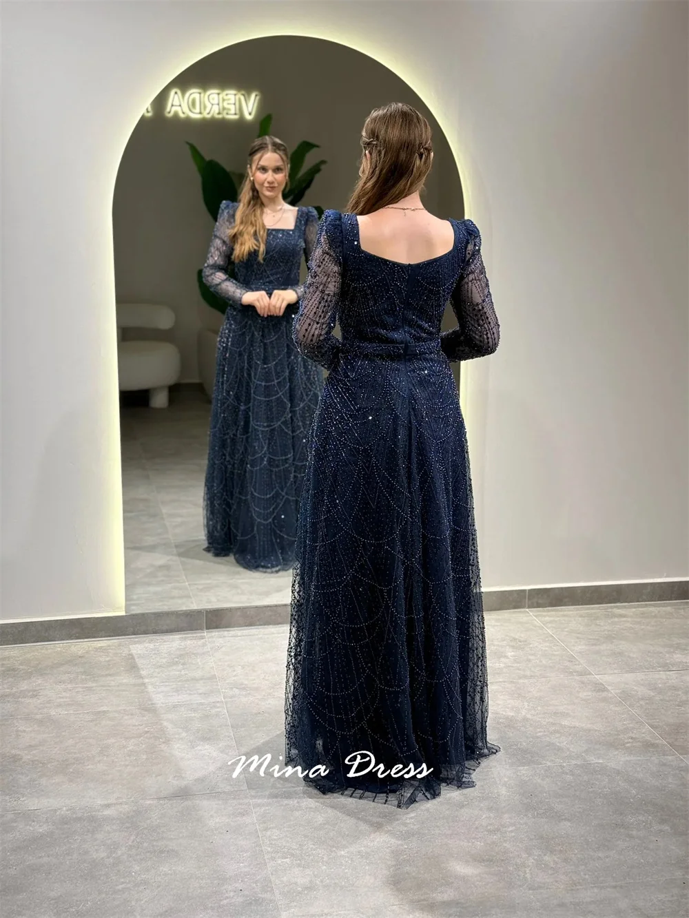 فساتين نسائية أنيقة من خرز مينا مخصص للمناسبات الخاصة بياقة مربعة ترتر فستان سهرة عربي فستان حفلات فاخر #6