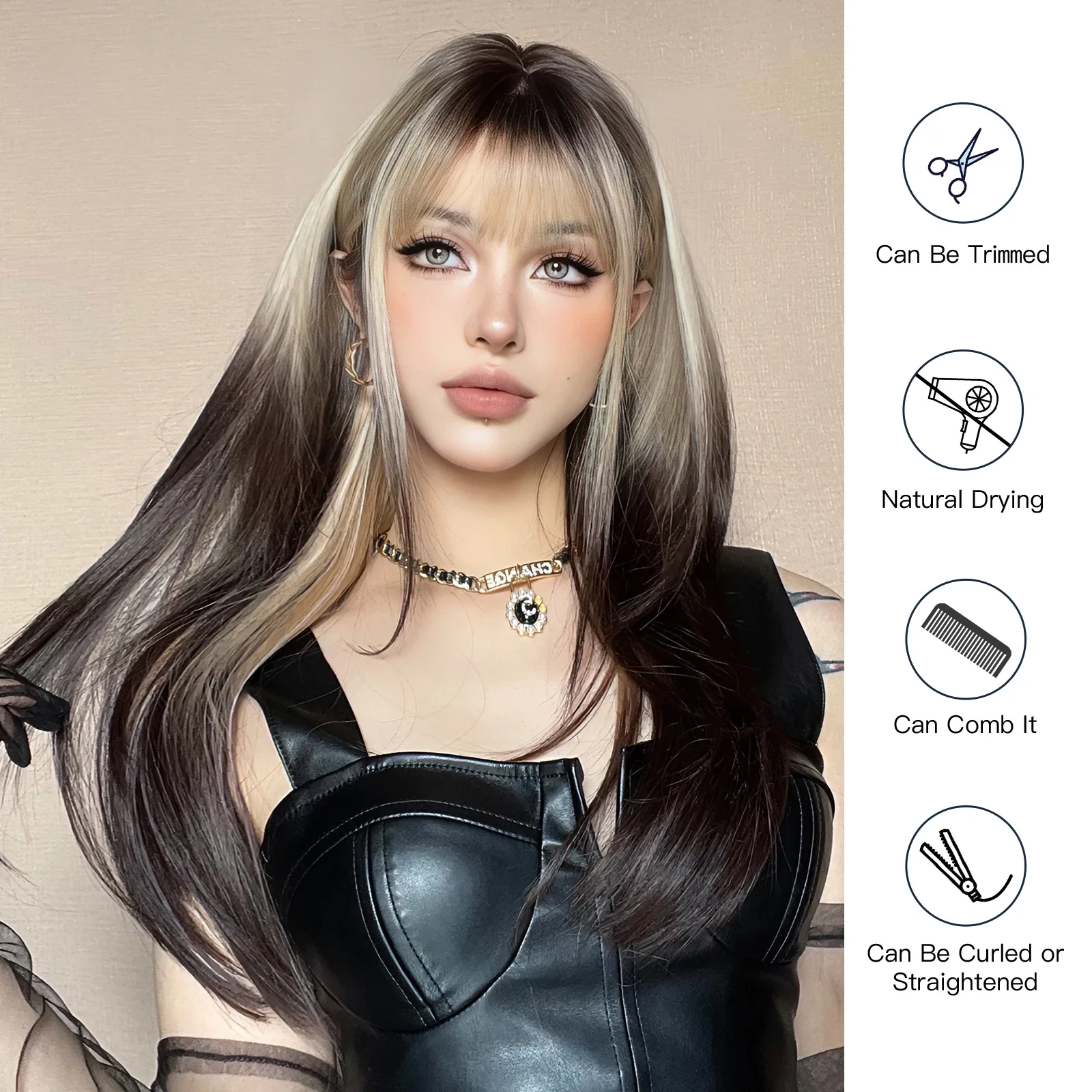Women's Long Straight Brown Black to White Ombre Wig - Heat-Resistant Synthetic Hair,for Daily Use Cosplay Enthusiasts Christmas