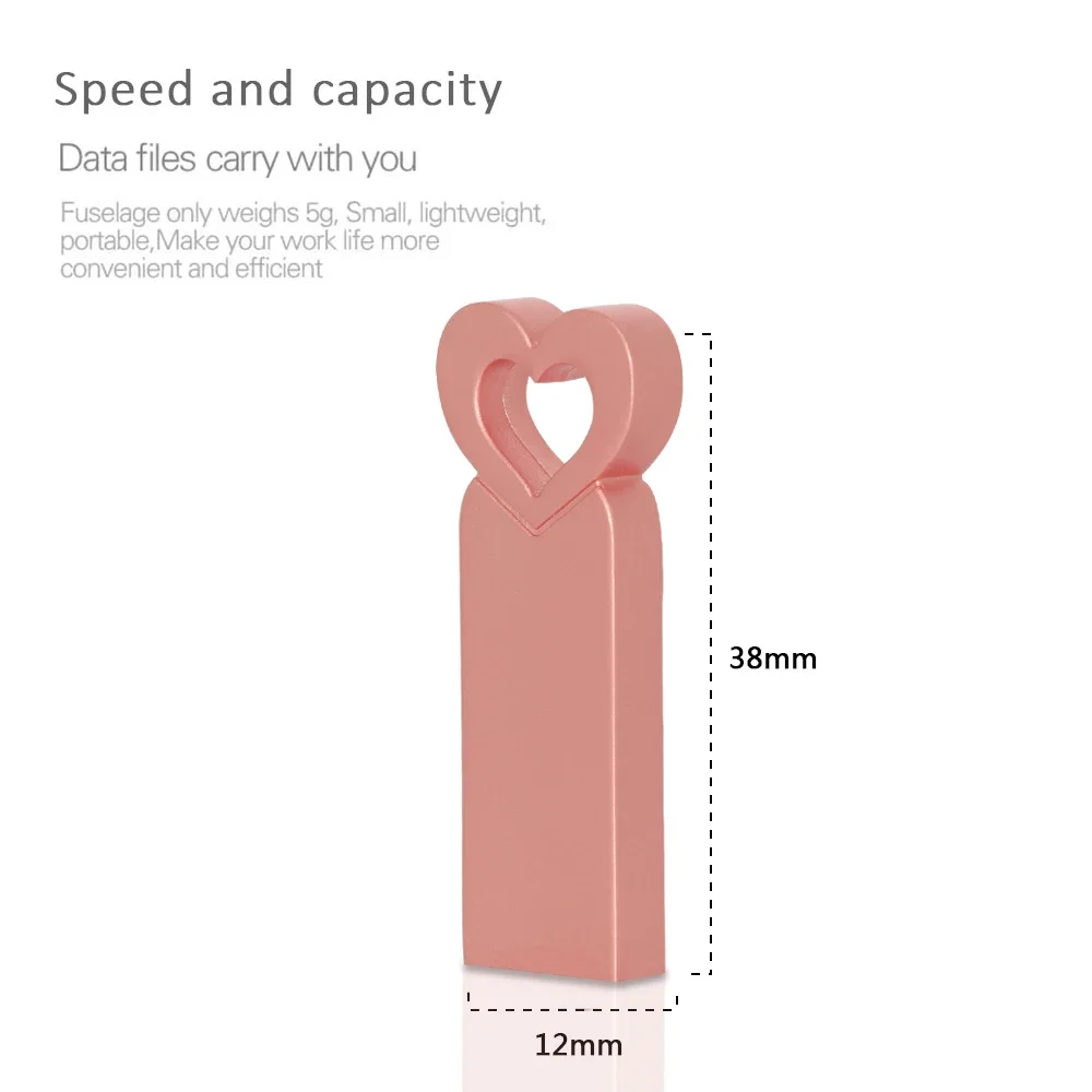 高速USBフラッシュドライブ,かわいいハート型のペンドライブ,ピンクゴールドのメモリスティック,実容量,クリエイティブギフト,32GB, 64GB, 128GB