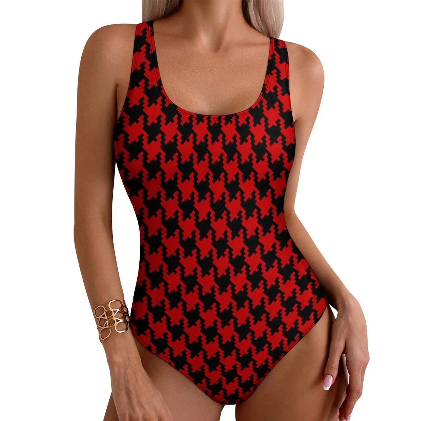 

Black Red Houndstooth Swimsuit Check Swimwear One Piece Holiday Pool Design Swimsuits High Cut Woman Push Up Sexy Beachwear