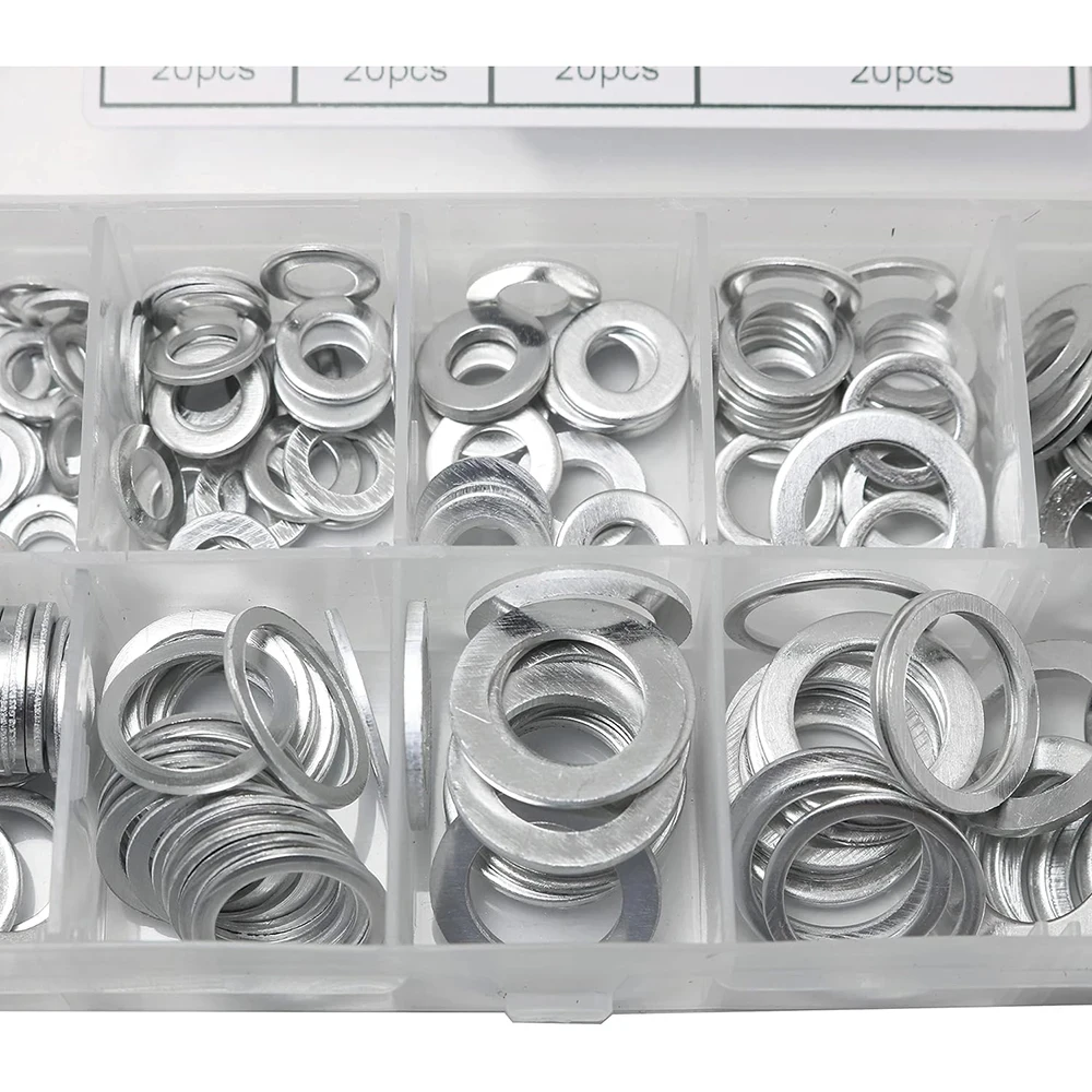 200 szt. Uszczelek korka spustowego oleju, białe podkładki płaskie ze stopu aluminium, podkładki tłoczone, pierścienie uszczelniające, zestaw asortymentowy M5 M6 M8 M10 M12 M14