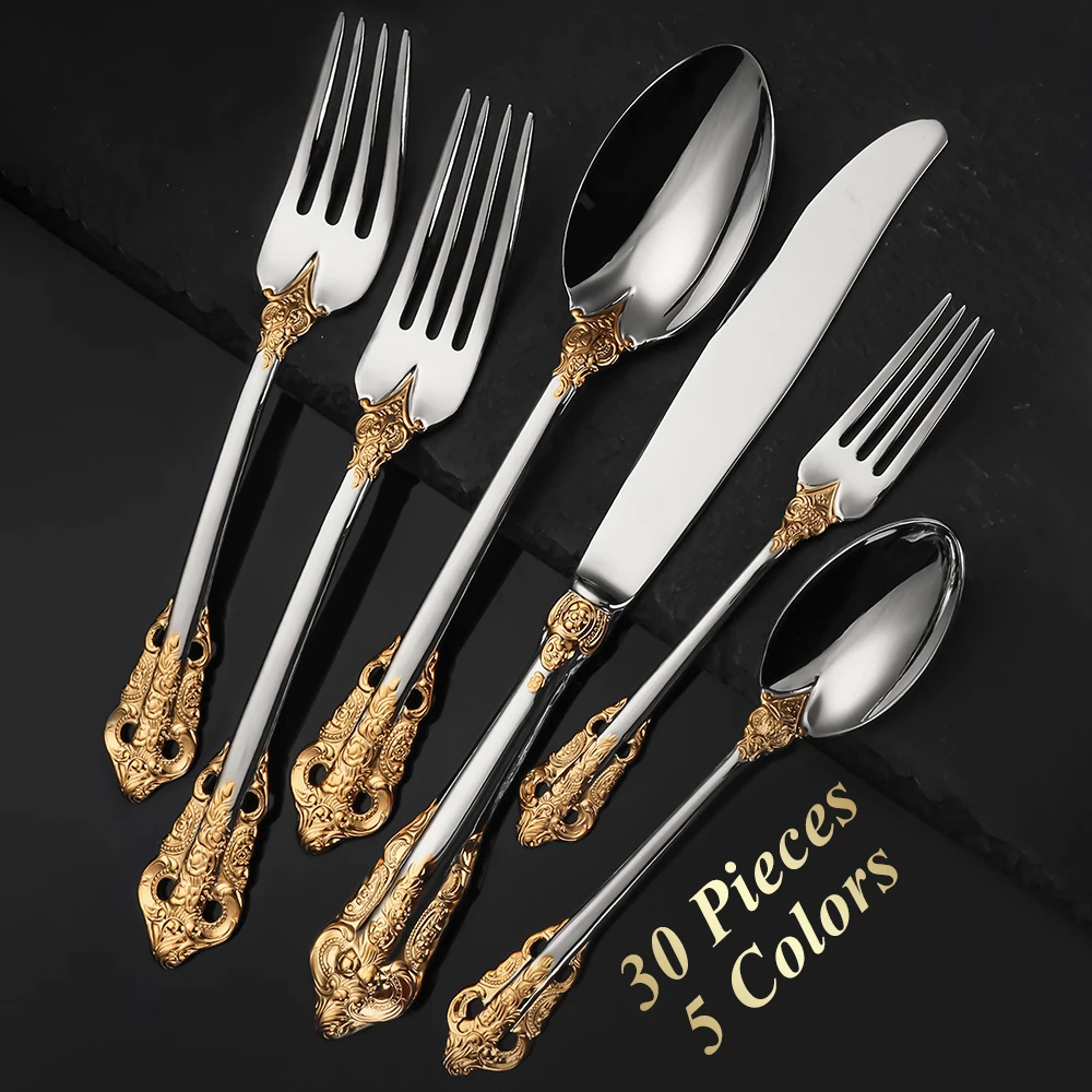 30-Pieces Royal Vintage Gold Plated Stainless Steel Cutlery Colorful Spoon Fork Knife Set Black Rose Gold Flatware Service For 6