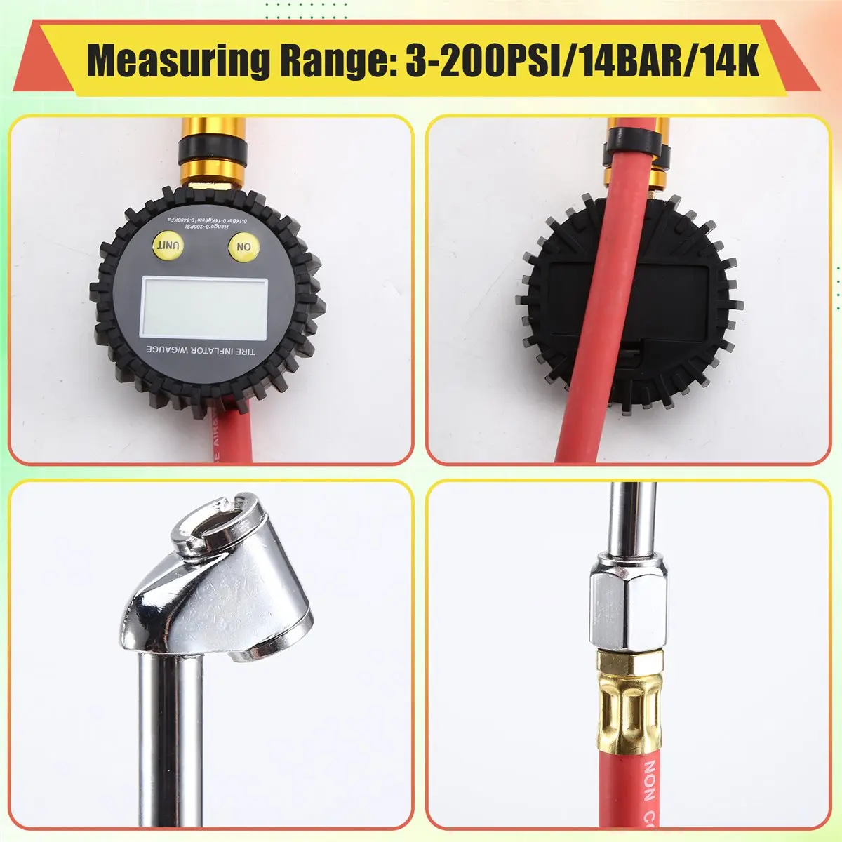 DT81 Tire Inflator Air Line Tyre Pump with Digital Pressure Gauge Tester Universal for Car Motorcycle 3-200PSI
