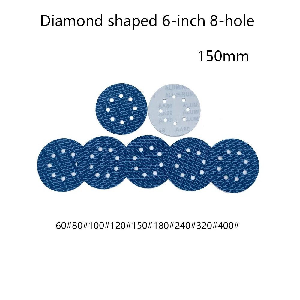 

100 Pcs Diamond shaped dry wet dual-use velvet sandpaper 6 inches 8 holes blue disc sandpaper diamond grid polishing sandpaper