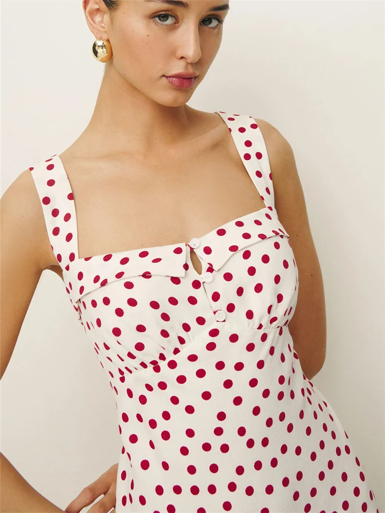 French Spaghetti Strap Dress Polka Dot Print Square Collar Wrap Slim Dress Women Sleeveless Summer 2024 Holiday Long vestidos