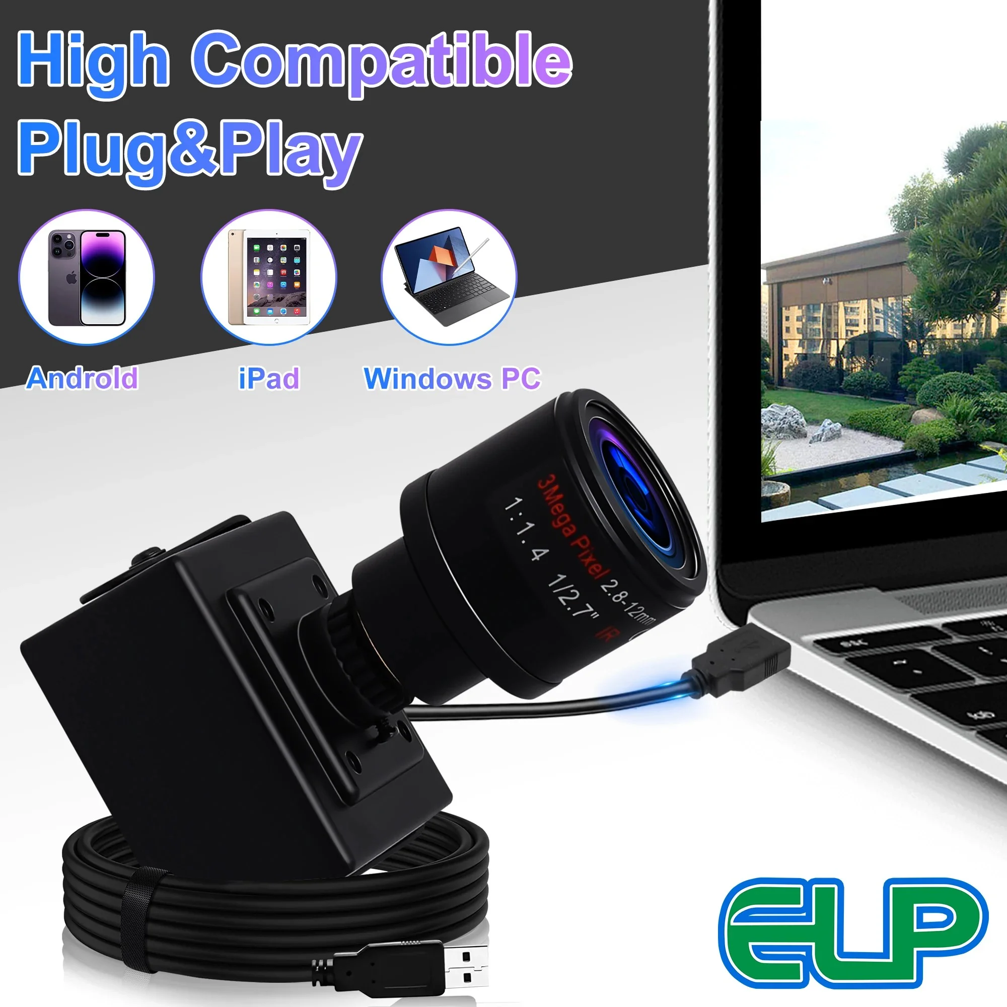ELP 13MP USB Camera Ultra HD for PC, IMX214 3840x2880 15fps,Webcam With 2.8-12mm Varifocal CS Lens,Plug And Play For Image Scan