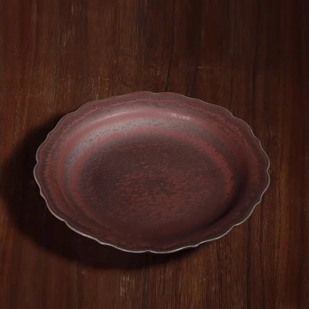 Jun Porcelain Carbon-fired Flower-mouth Pot Holder Engraved Golden Black Copper Citrus Pattern Ancient Color Variation Plate